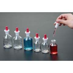 Pipettenflasche, 50ml, Klarglas, mit NS-Kunststoffstopfen und eingearbeiteter Glaspipette, inkl. Gummihütchen www.laborplan.eu