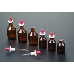 Pipettenflasche, 100ml, Braunglas, mit NS-Kunststoffstopfen und eingearbeiteter Glaspipette, inkl. Gummihütchen www.laborplan.eu