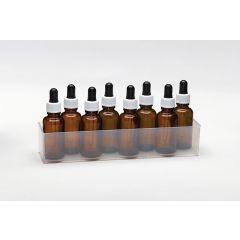 Pipettenflaschen, 30ml, mit Schraubdeckelpipette, Braunglas zylindrisch, Pack mit 8 Stück, komplett mit Einsatzbox aus klarsichtigem Kunststoff www.laborplan.eu