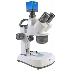 Stereomikroskop BMS ST-40-C-2L LED Trino (2x/4x im drehbaren Revolver), 20x und 40x Vergrößerung, WF 10x/20 mm, Grobtrieb, Säulenstativ, schräger Tubus, Kopf drehbar, trinokularer Tubus für Mikroskop-Kamera, mit LED Beleuchtung und Akkubetrieb